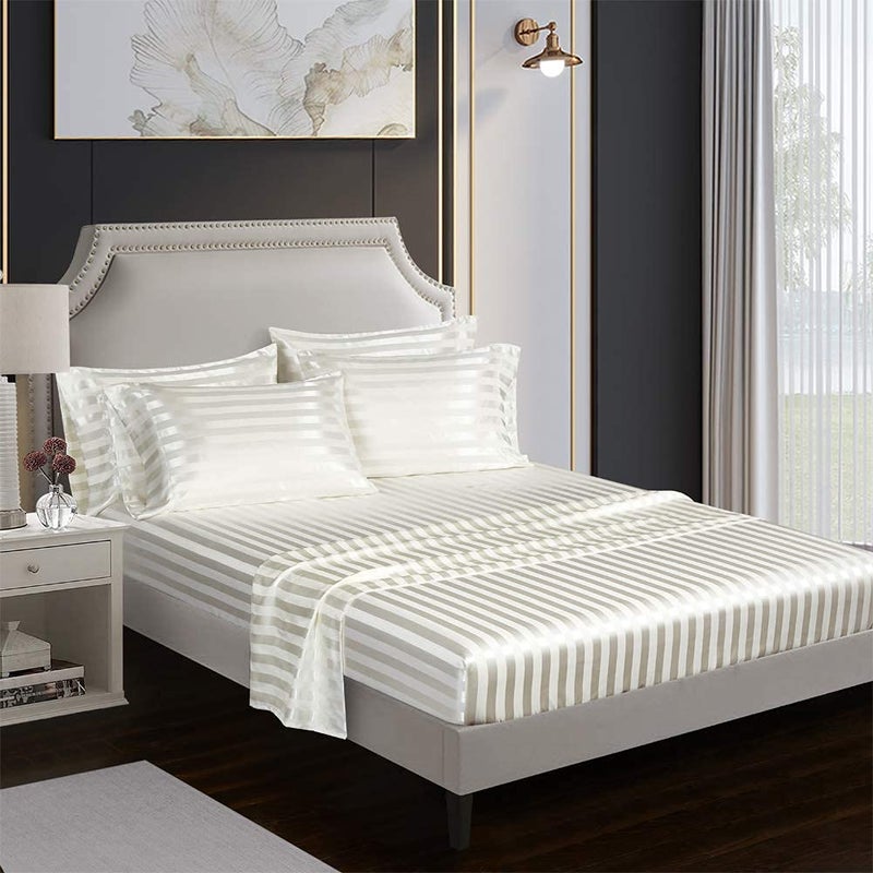 AiMay 6 Piece Satin Italian Style Bed Sheet Set Deep Pocket Striped 1800 Luxury Rich Silk 1 Flat Sheet 1 Fitted Sheet 4 Envelope Pillowcases Stain-Resistant Wrinkle Free (Queen,Off White) - Image 3